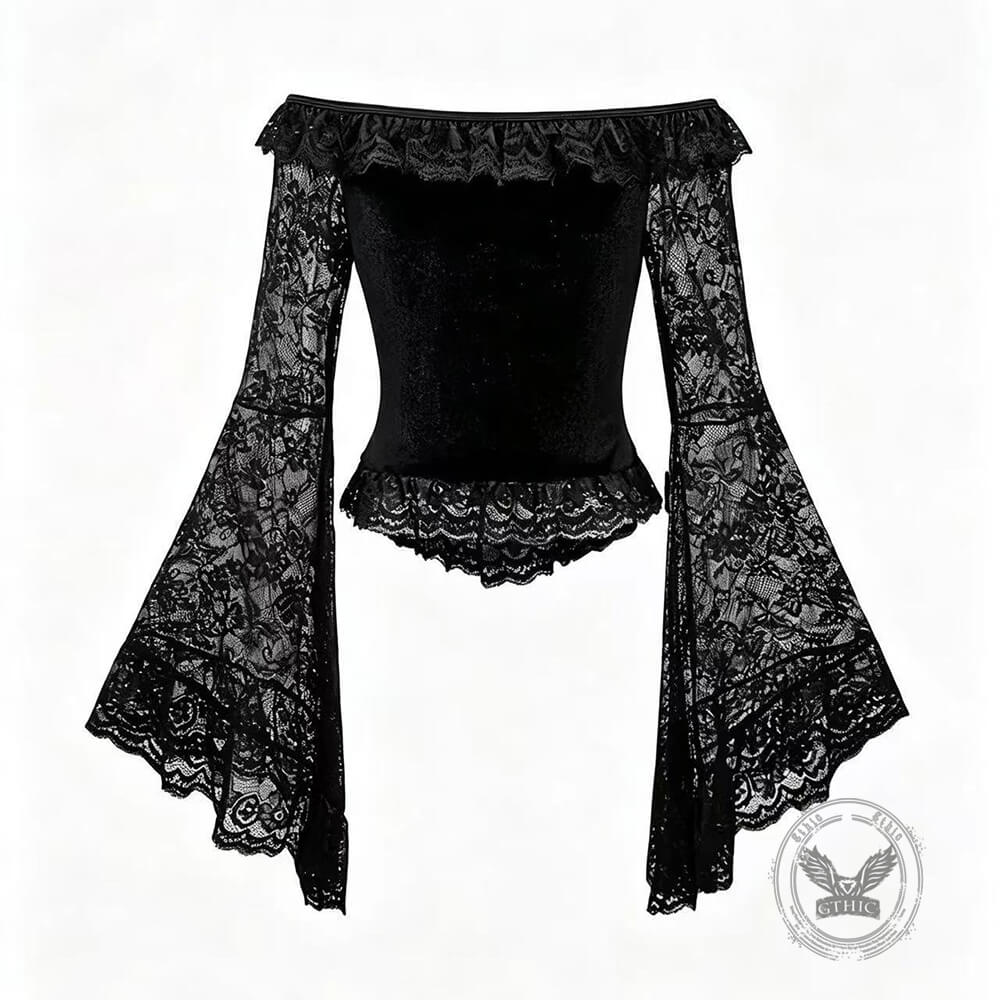 Off-Shoulder Flared Sleeves Slim-Fit Gothic Lace Top