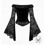 Off-Shoulder Flared Sleeves Slim-Fit Gothic Lace Top