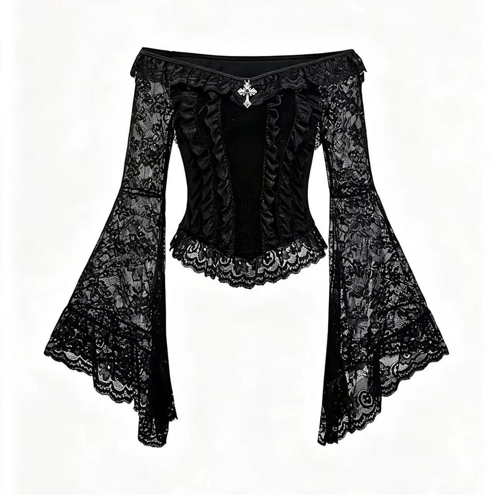 Off-Shoulder Flared Sleeves Slim-Fit Gothic Lace Top | Gthic.com