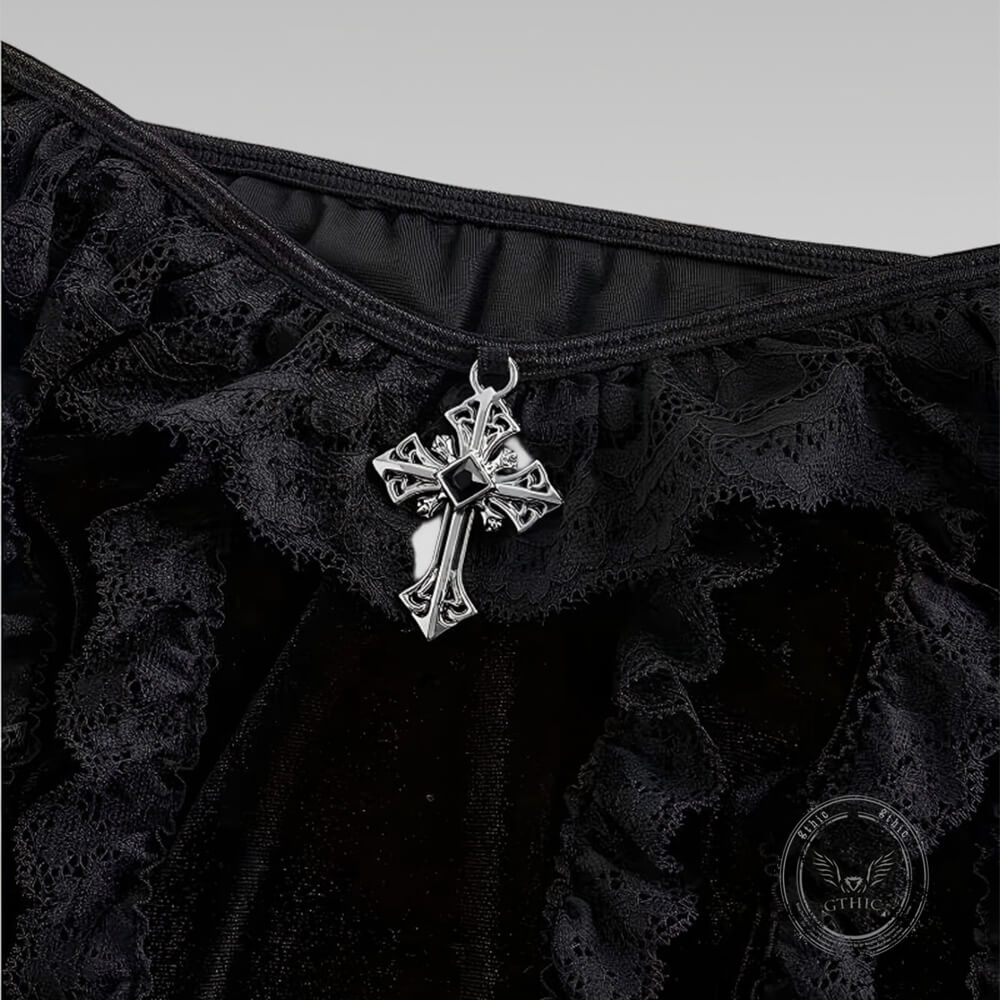 Off-Shoulder Flared Sleeves Slim-Fit Gothic Lace Top