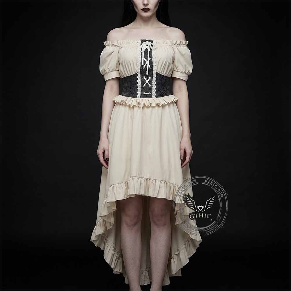 Off-Shoulder Ruffled Asymmetrical Short-Sleeve Dress | Gthic.com