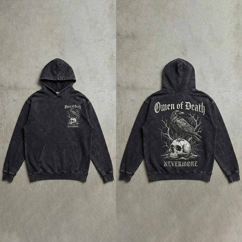 Omen of Death Raven Skull Nevermore Vintage Washed Hoodie | Gthic.com