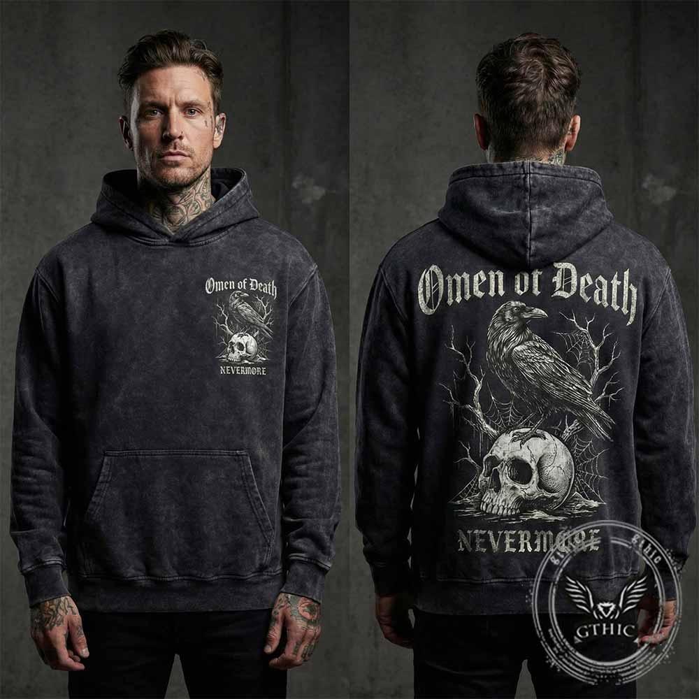 Omen of Death Raven Skull Nevermore Vintage Washed Hoodie | Gthic.com