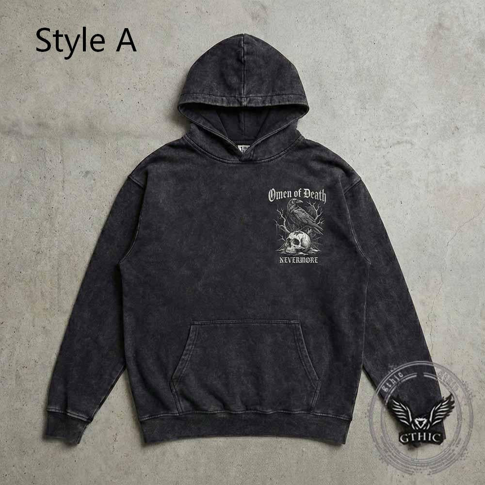 Omen of Death Raven Skull Nevermore Vintage Washed Hoodie | Gthic.com