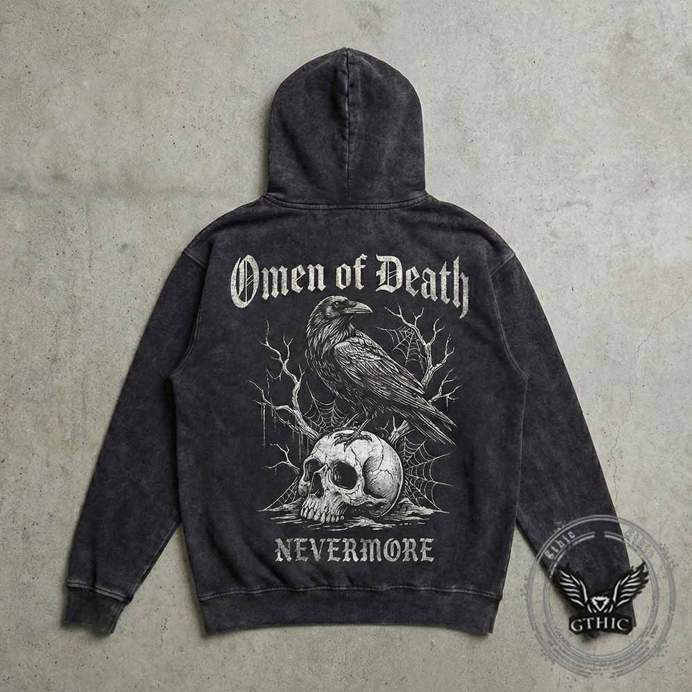 Omen of Death Raven Skull Nevermore Vintage Washed Hoodie | Gthic.com