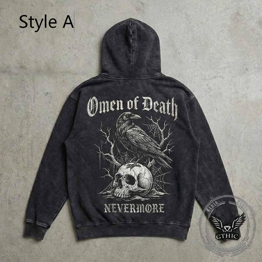 Omen of Death Raven Skull Nevermore Vintage Washed Hoodie