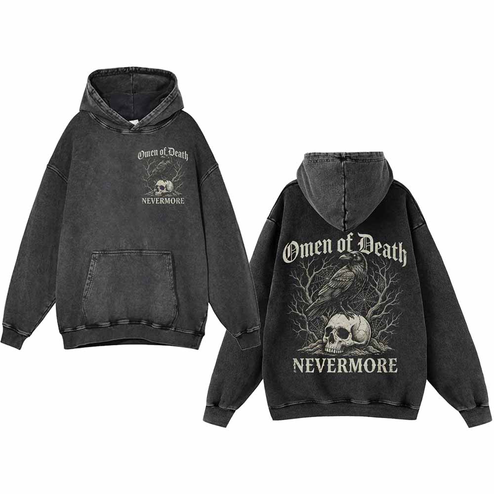 Omen of Death Raven Skull Nevermore Vintage Washed Hoodie