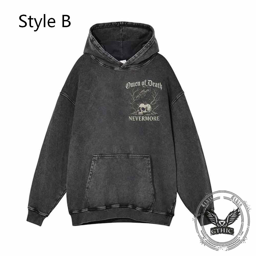 Omen of Death Raven Skull Nevermore Vintage Washed Hoodie