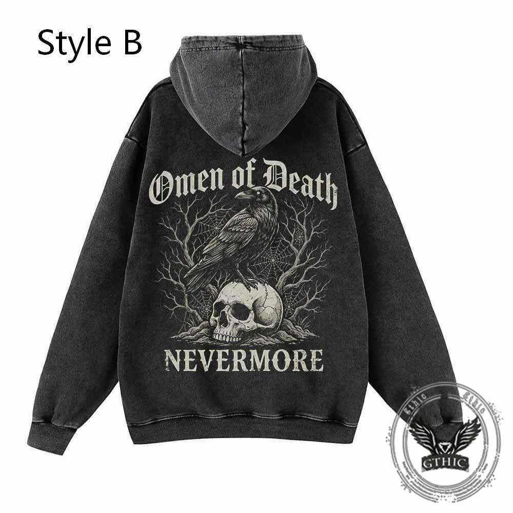 Omen of Death Raven Skull Nevermore Vintage Washed Hoodie