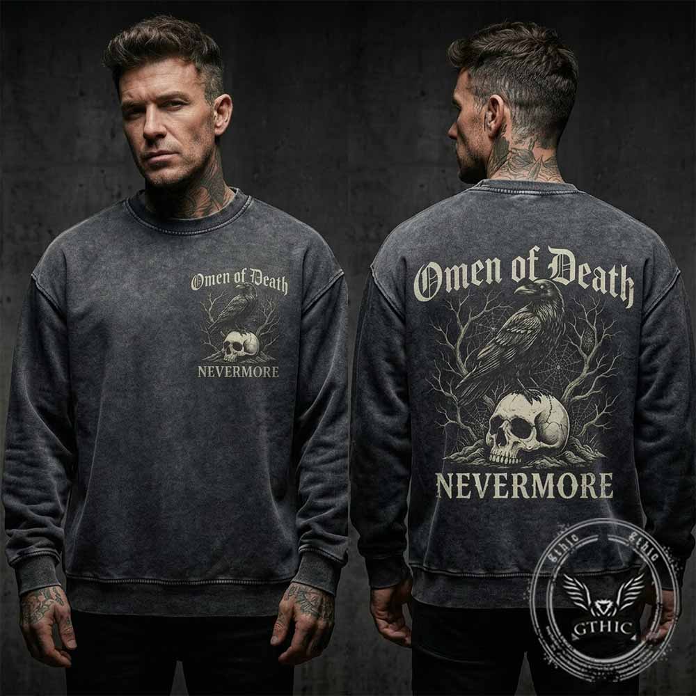 Omen of Death Raven Skull Nevermore Vintage Washed Sweatshirt | Gthic.com