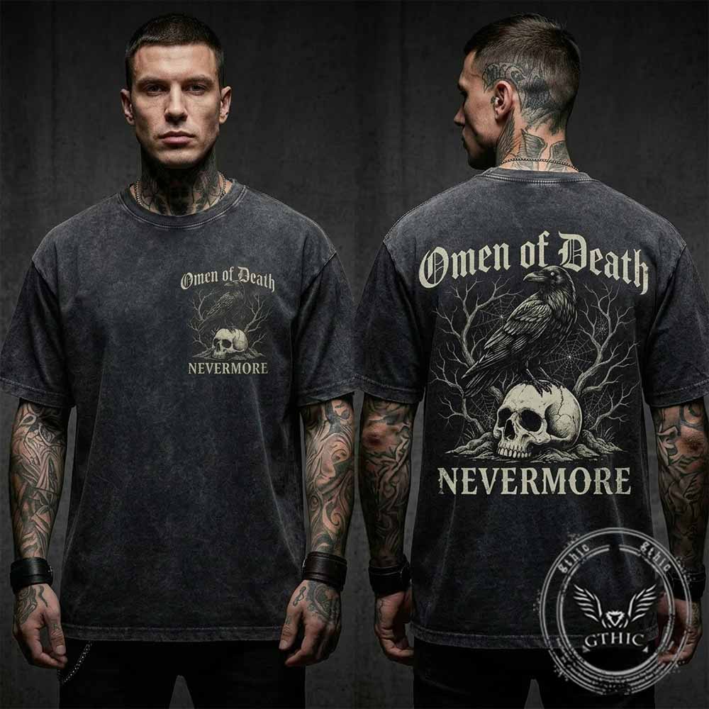 Omen of Death Raven Skull Nevermore Vintage Washed T-shirt | Gthic.com