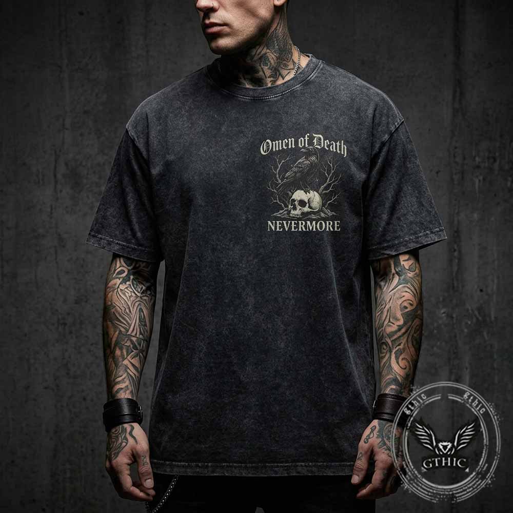 Omen of Death Raven Skull Nevermore Vintage Washed T-shirt | Gthic.com
