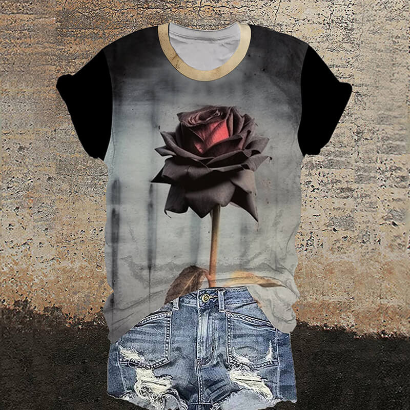 One Rose Round Neck Gothic T-Shirt