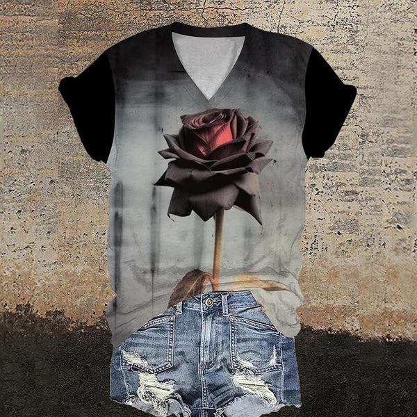 One Rose V-Neck Gothic T-Shirt
