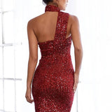 One Shoulder High Slit Sequin Formal Dress
