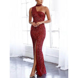 One Shoulder High Slit Sequin Formal Dress | Gthic.com