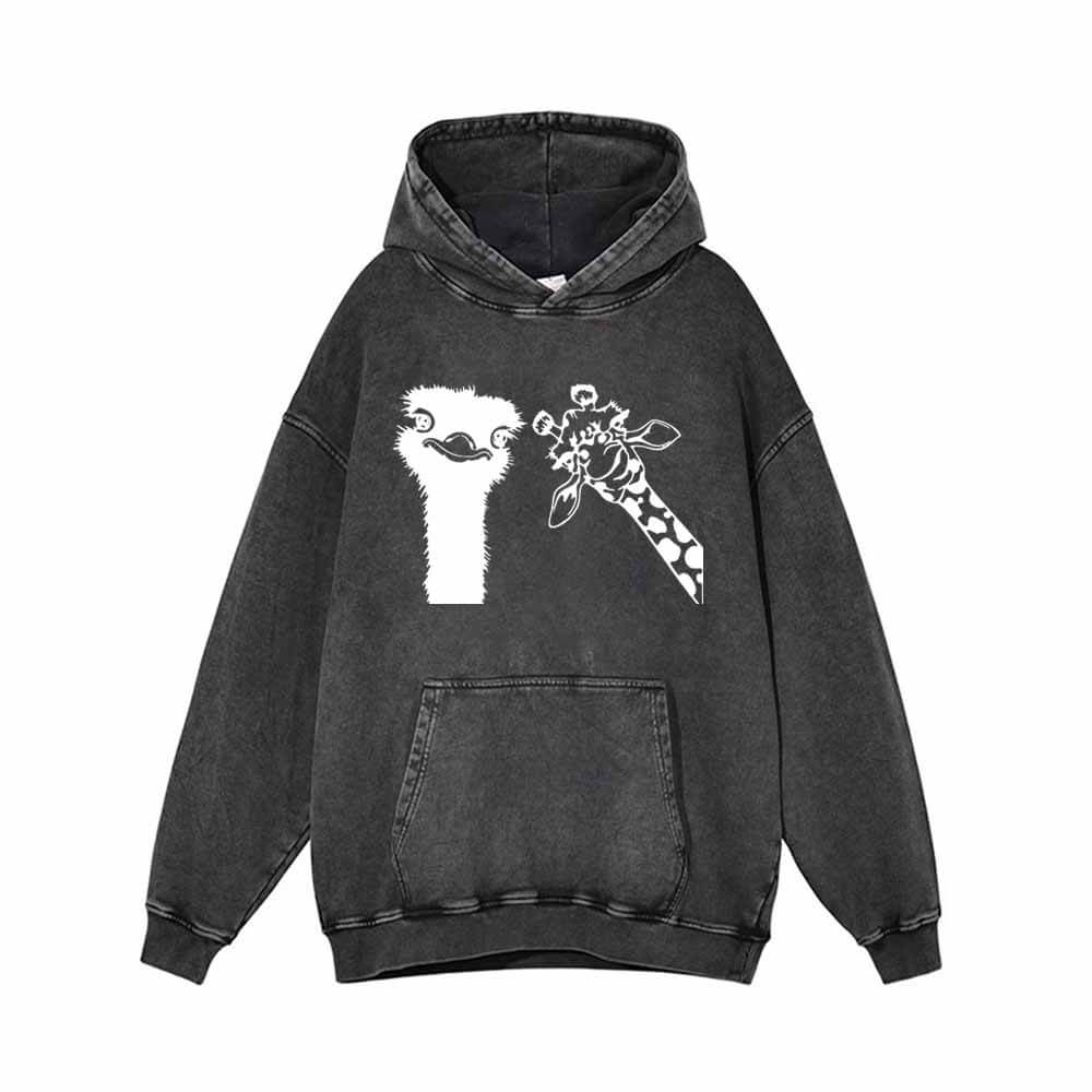 Ostrich And Giraffe Cute Vintage Washed Hoodie | Gthic.com