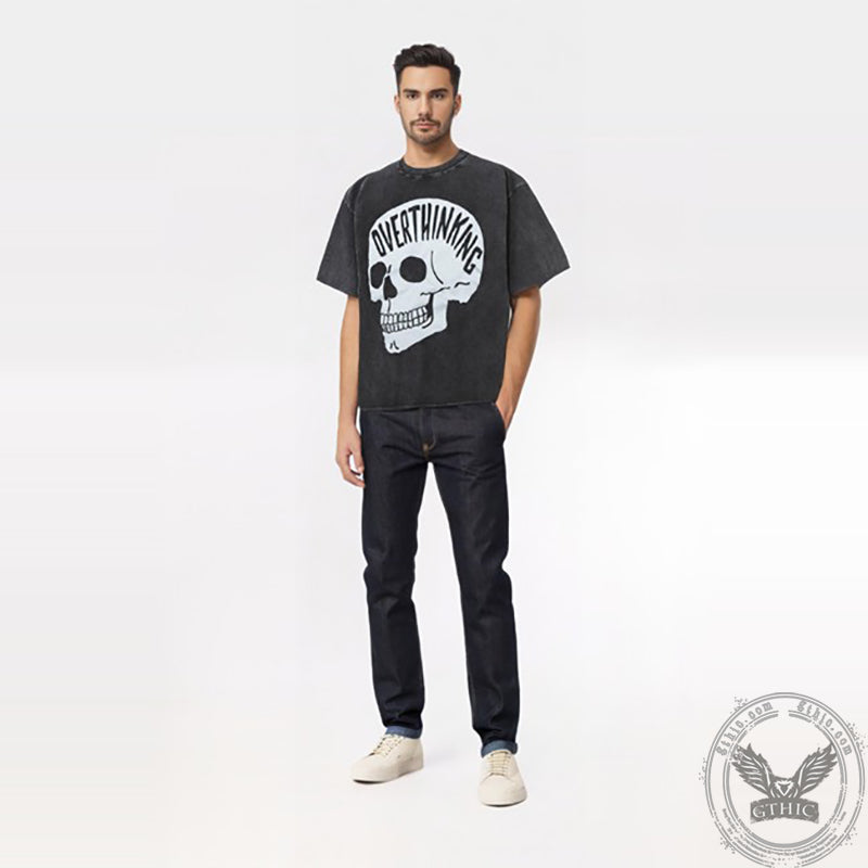 Overthinking Skull Print Washed T-shirt