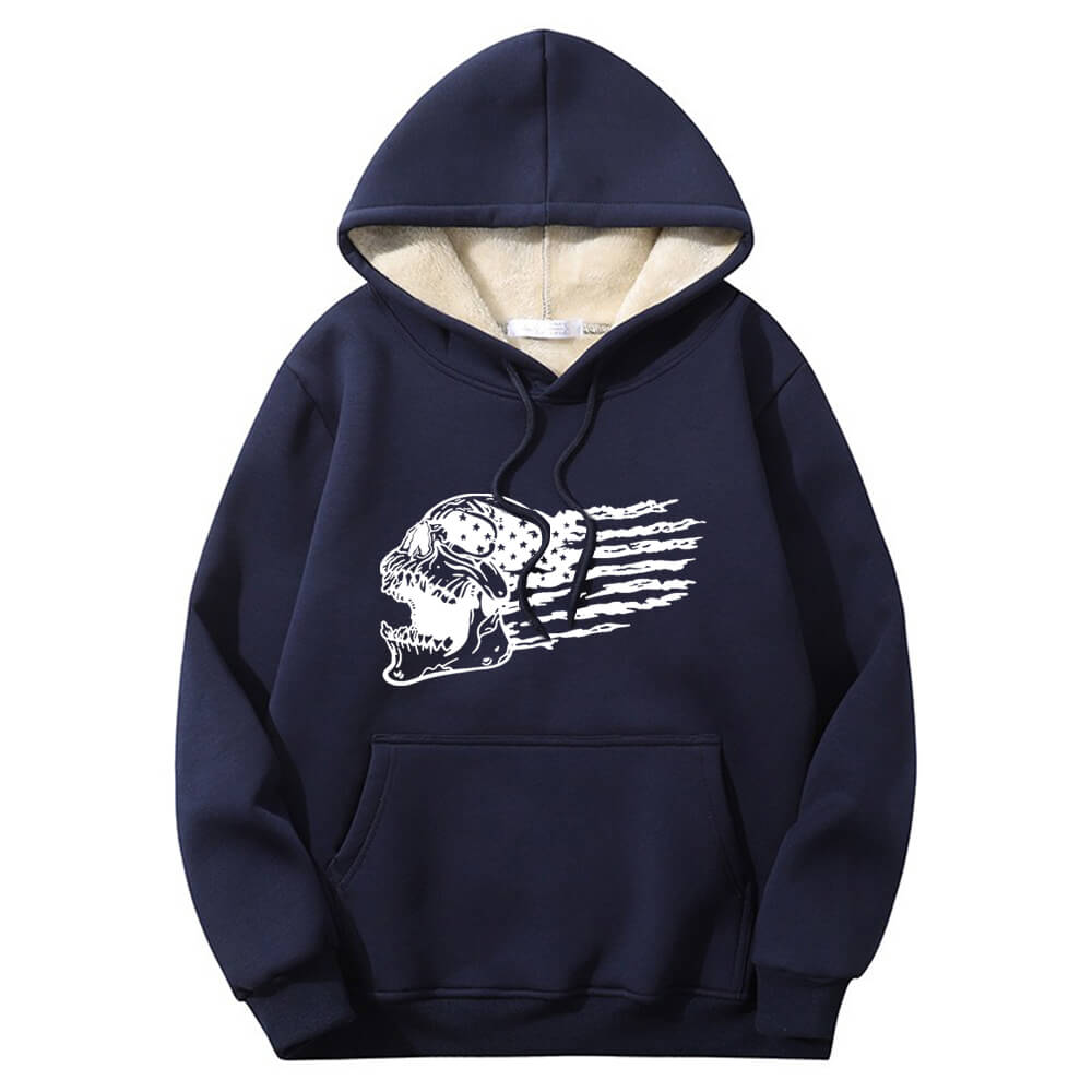 Patriotic Skull American Flag Fleece Sherpa Crew Collar Hoodie