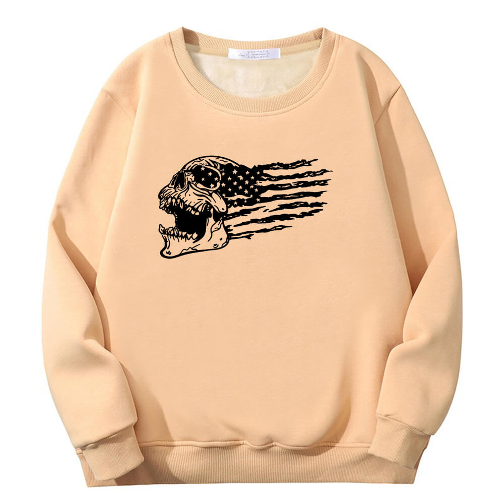 Patriotic Skull American Flag Crew Collar Fleece Sherpa Sweatshirt