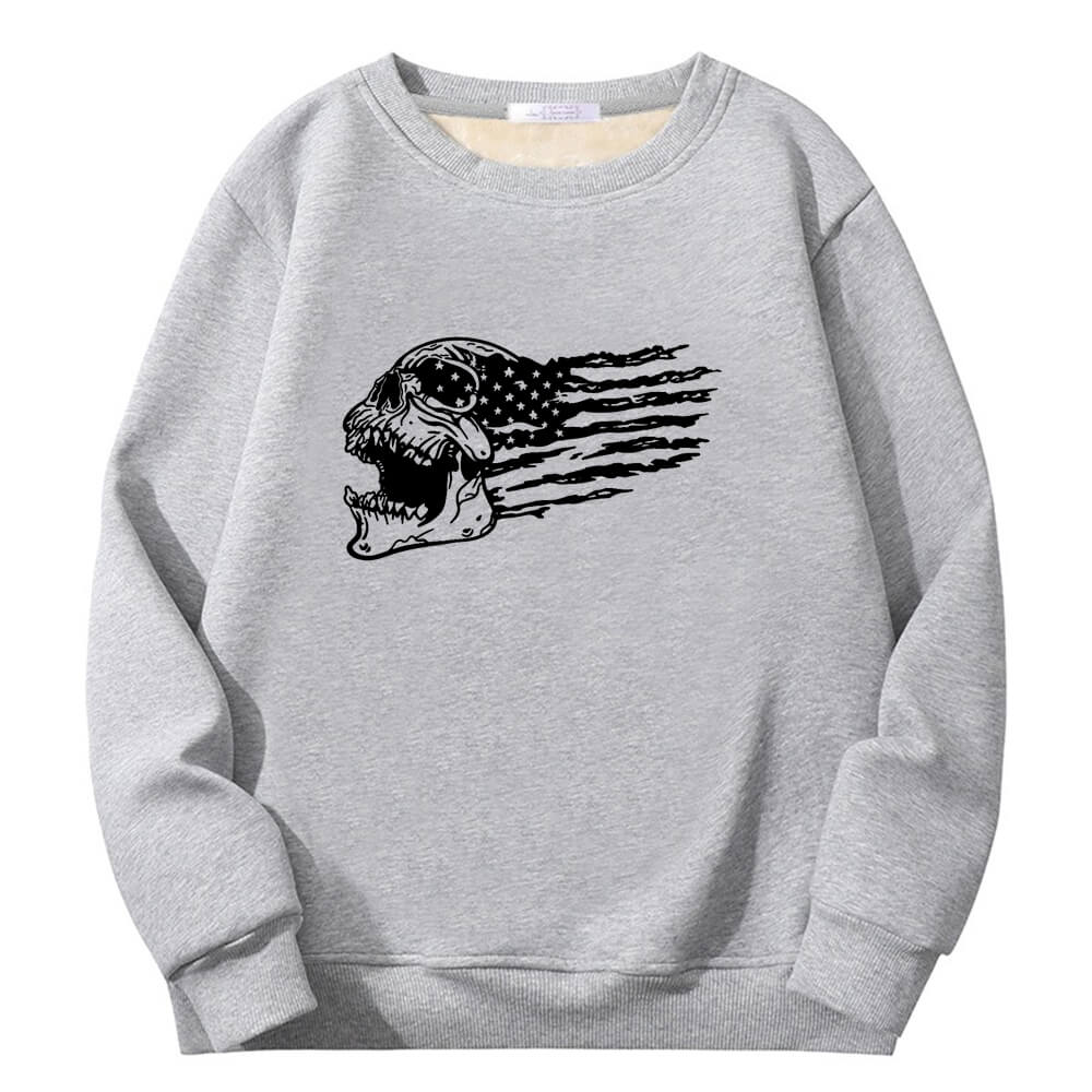 Patriotic Skull American Flag Crew Collar Fleece Sherpa Sweatshirt