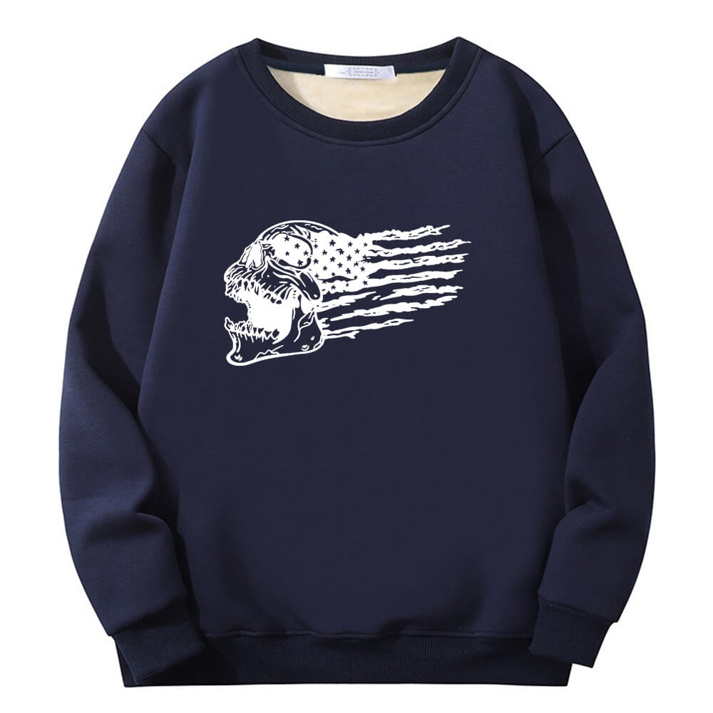 Patriotic Skull American Flag Crew Collar Fleece Sherpa Sweatshirt