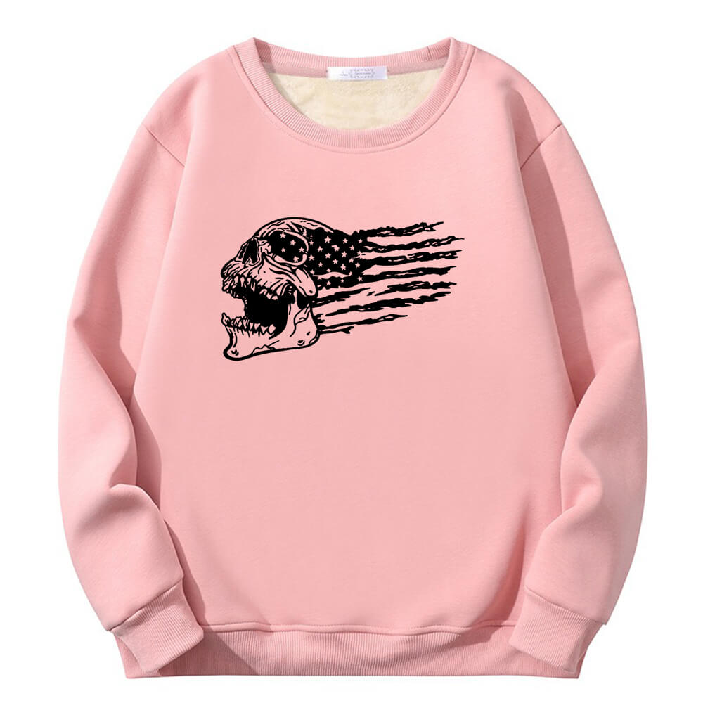 Patriotic Skull American Flag Crew Collar Fleece Sherpa Sweatshirt