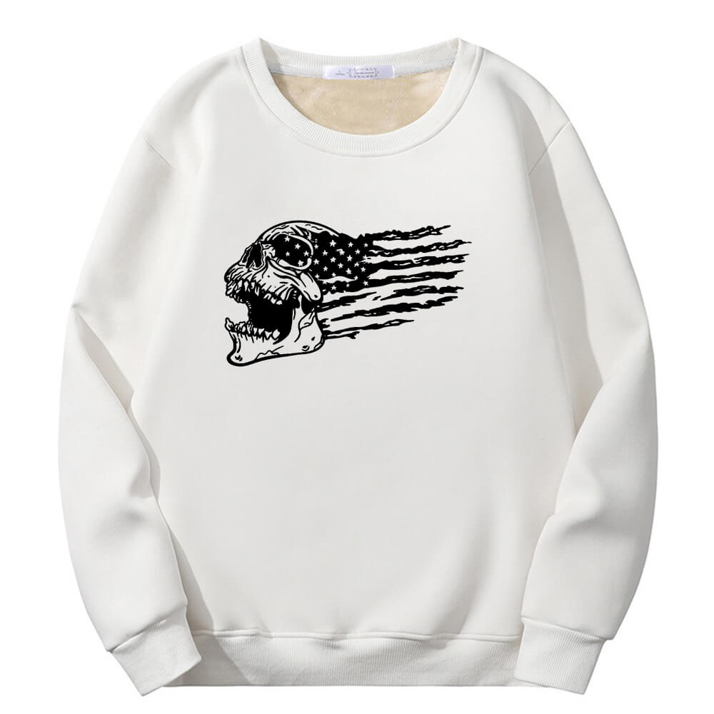 Patriotic Skull American Flag Crew Collar Fleece Sherpa Sweatshirt