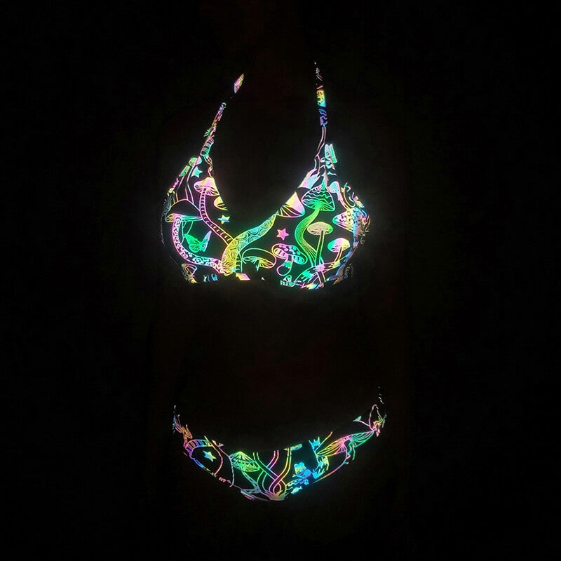 Conjunto de bikini reflectante de poliéster estampado con estampado