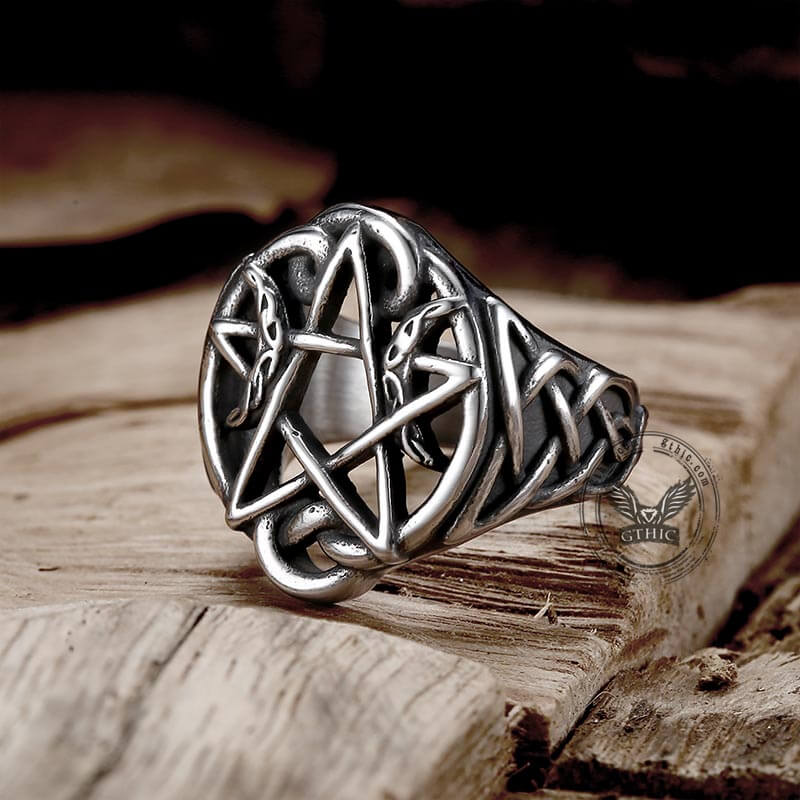 Pentagram Moon Celtic Knot Stainless Steel Ring | Gthic.com