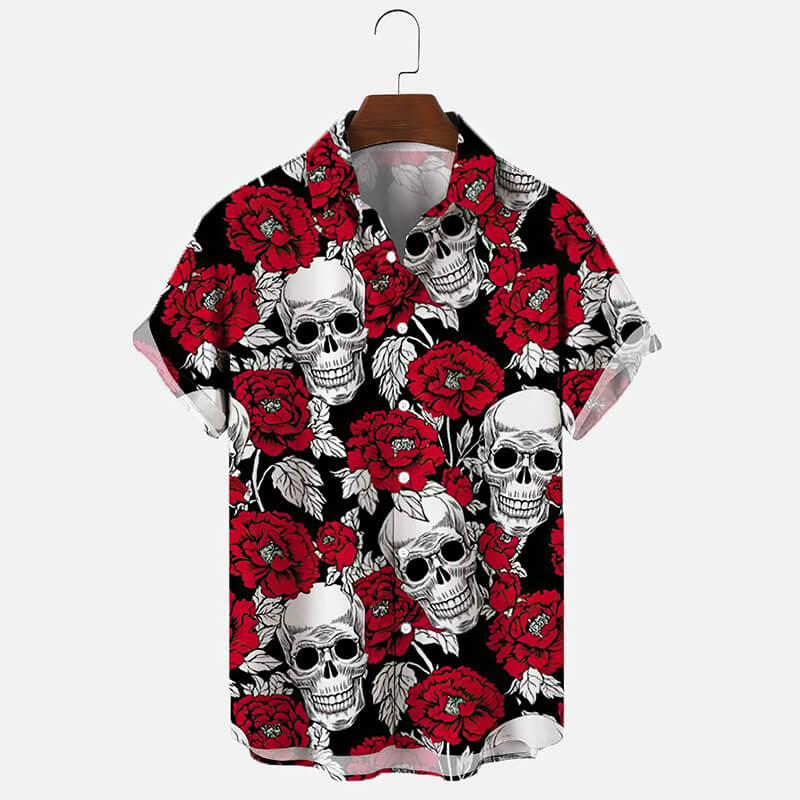 Peony Flower Skull Polyester Hawaiian Shirt