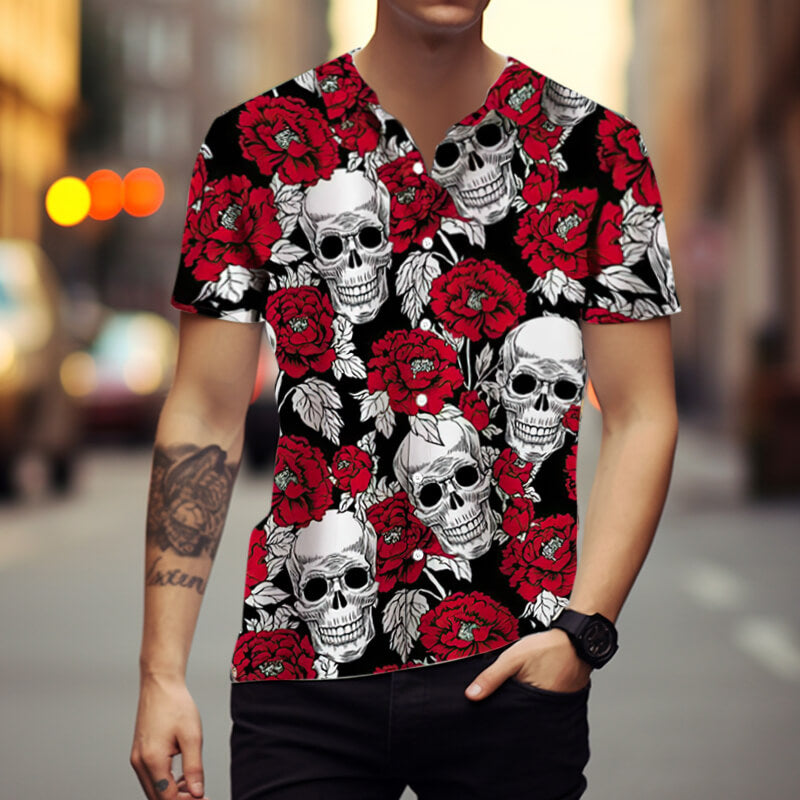 Peony Flower Skull Polyester Hawaiian Shirt