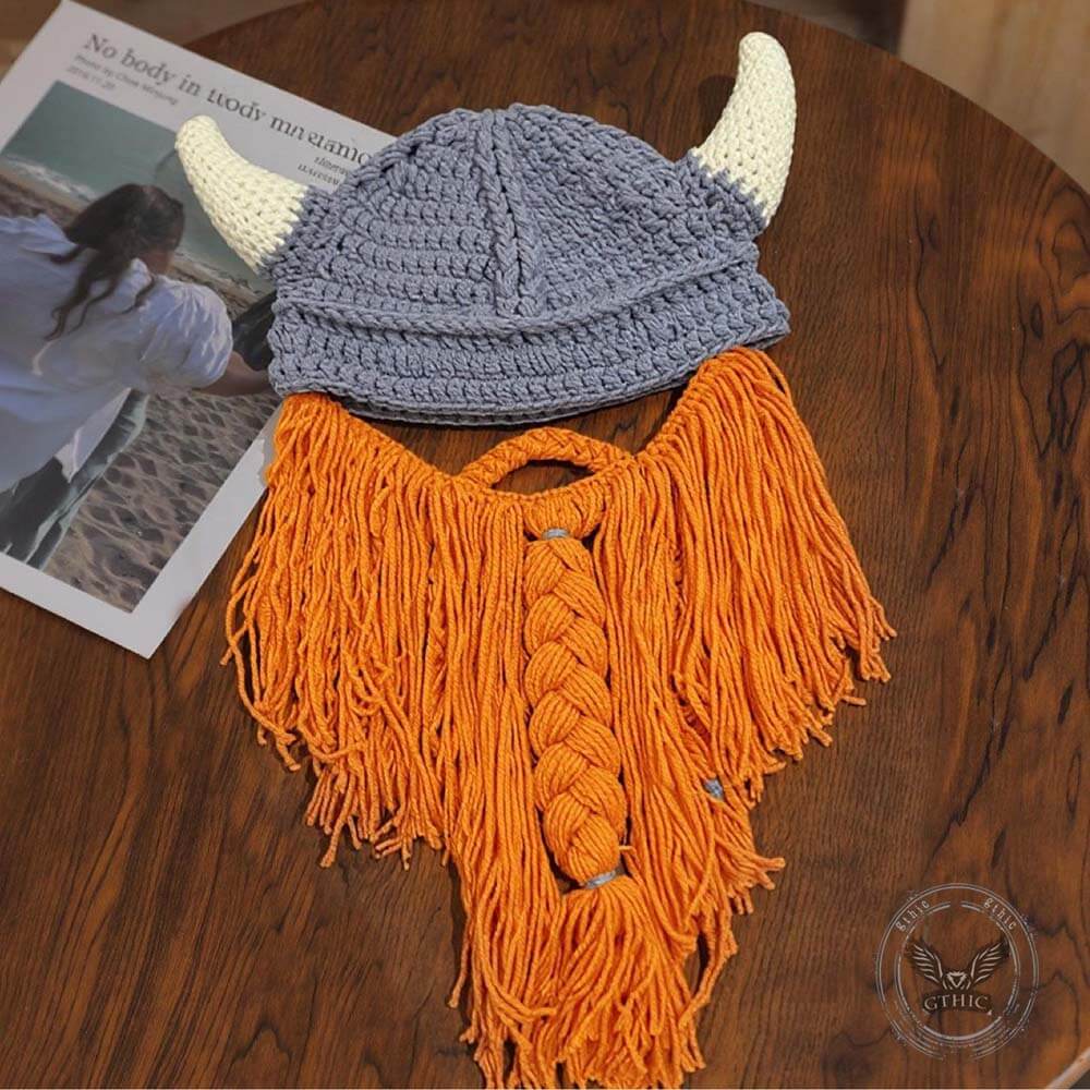 Personalized Christmas Viking Hand-knitted Beard Horned Hat | Gthic.com