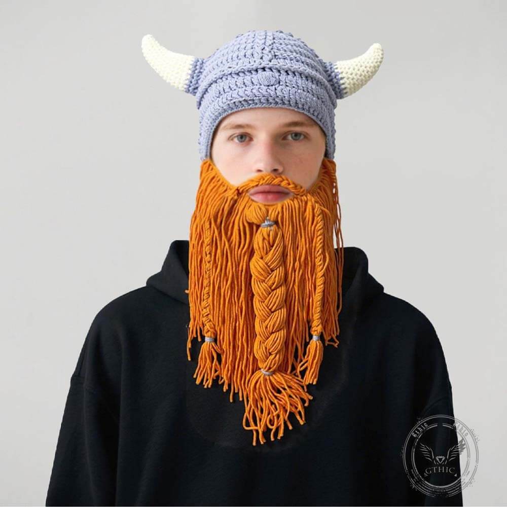 Personalized Christmas Viking Hand-knitted Beard Horned Hat | Gthic.com