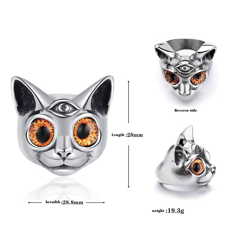 Personalized Gem Three-Eyed Cat Stainless Steel Ring