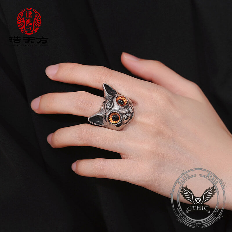 Personalized Gem Three-Eyed Cat Stainless Steel Ring | Gthic.com