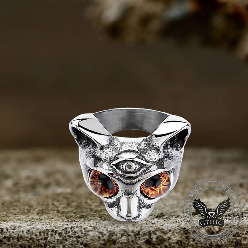 Personalized Gem Three-Eyed Cat Stainless Steel Ring | Gthic.com