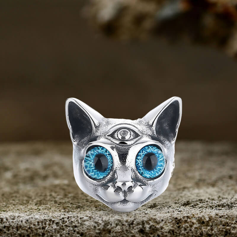 Personalized Gem Three-Eyed Cat Stainless Steel Ring | Gthic.com