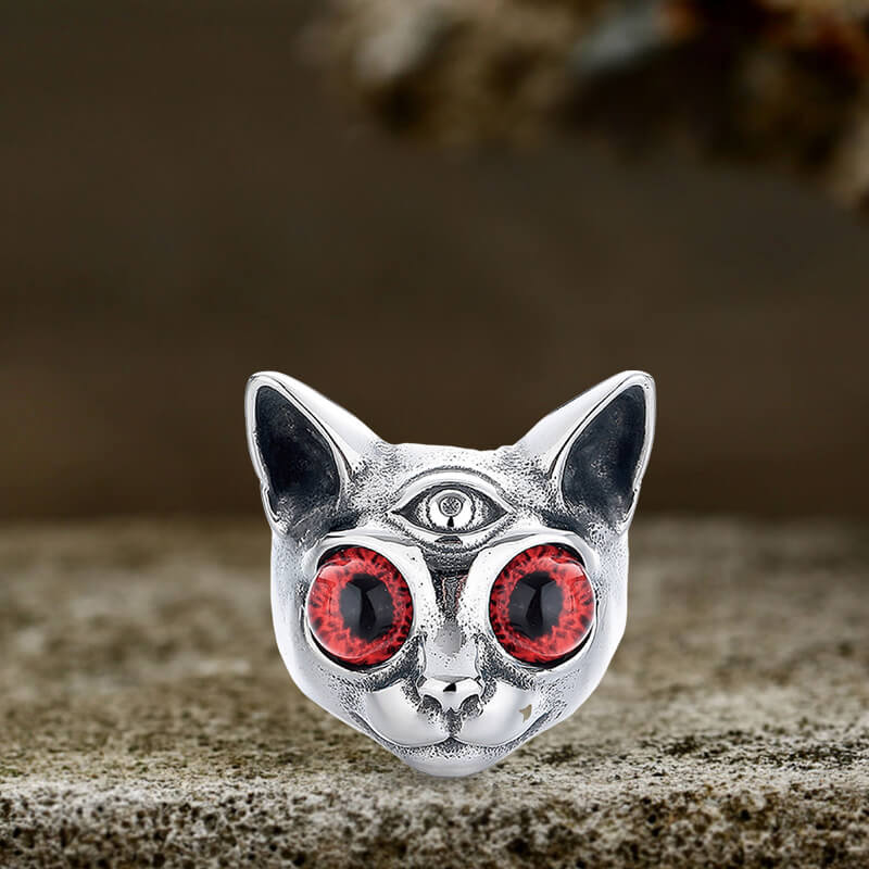 Personalized Gem Three-Eyed Cat Stainless Steel Ring | Gthic.com