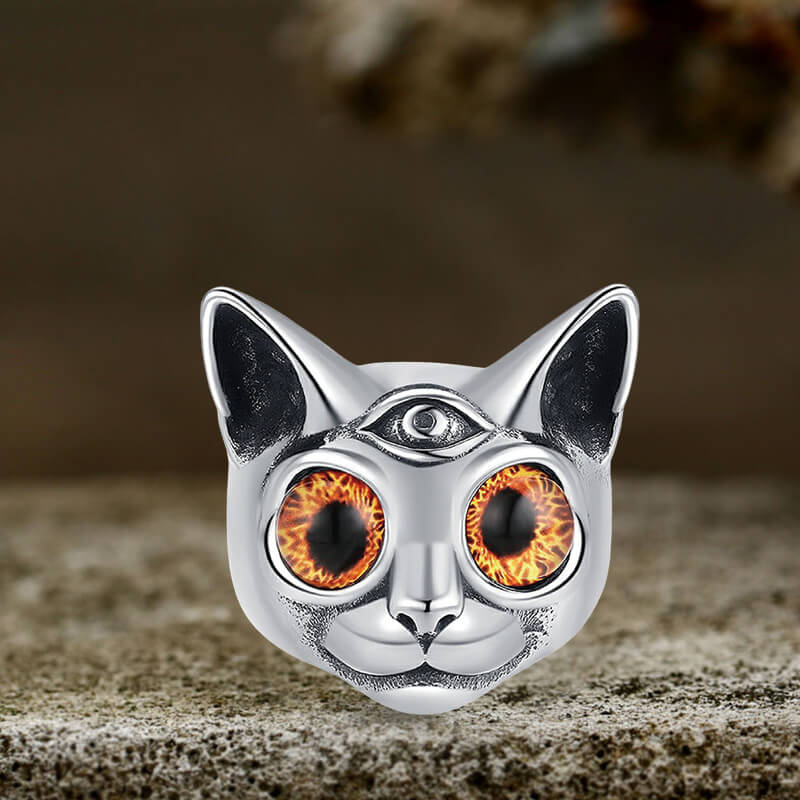 Personalized Gem Three-Eyed Cat Stainless Steel Ring | Gthic.com
