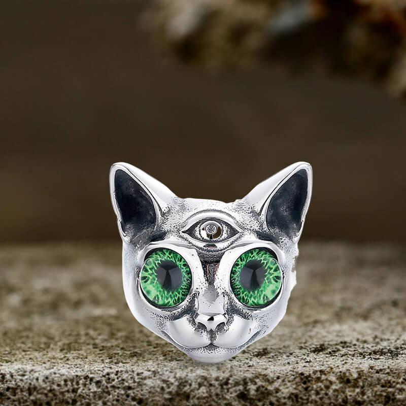 Personalized Gem Three-Eyed Cat Stainless Steel Ring | Gthic.com