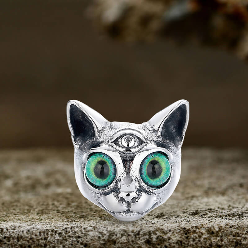 Personalized Gem Three-Eyed Cat Stainless Steel Ring | Gthic.com