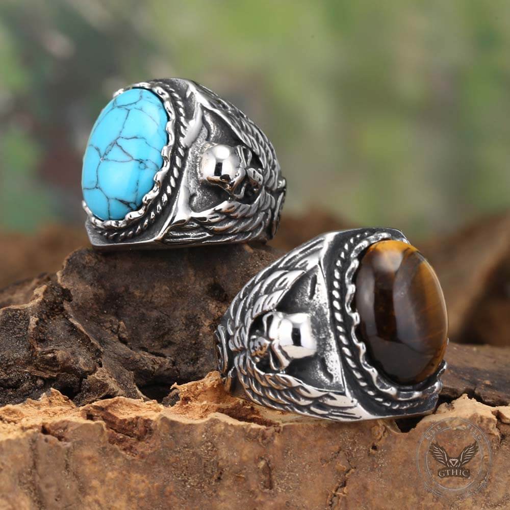 Personalized Vintage Turquoise Stainless Steel Skull Ring | Gthic.com