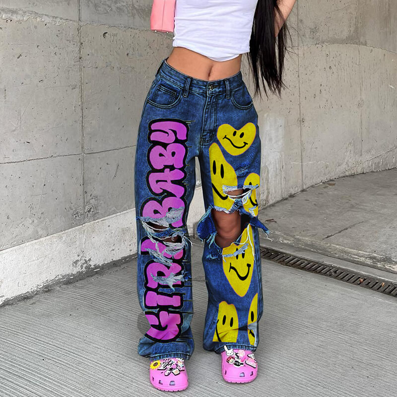 Personalized Y2K Colorful Smiley Face Pattern Jeans | Gthic.com