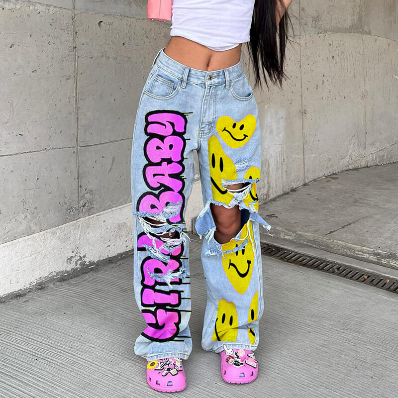 Personalized Y2K Colorful Smiley Face Pattern Jeans | Gthic.com
