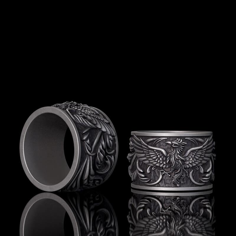 Phoenix Floral Pattern Sterling Silver Ring 01 | Gthic.com