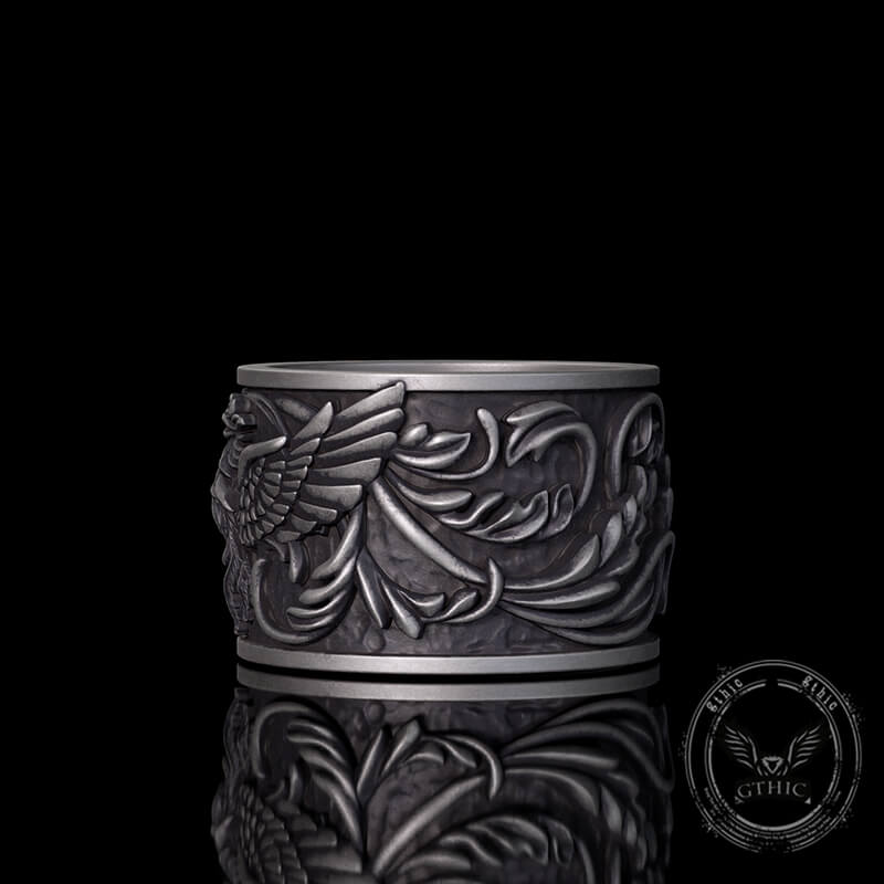 Phoenix Floral Pattern Sterling Silver Ring 02 | Gthic.com