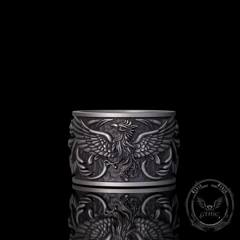 Phoenix Floral Pattern Sterling Silver Ring 03 | Gthic.com