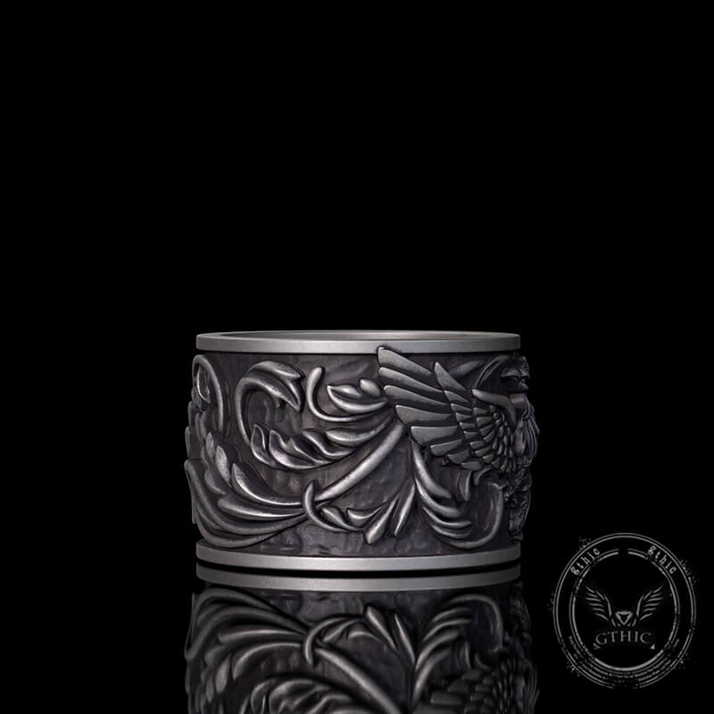 Phoenix Floral Pattern Sterling Silver Ring 05 | Gthic.com