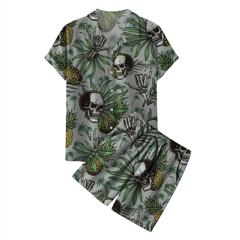 Pineapple, Skull, Tropical Flowers, And Black Hawaiian Shirt